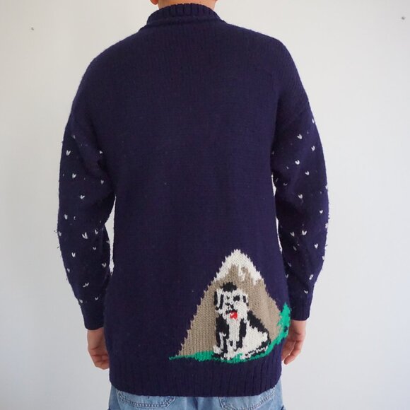 Vintage Merona Navy Wool Canoe Fishing Graphic Sweater Cabincore Eclectic Small - Picture 2 of 11